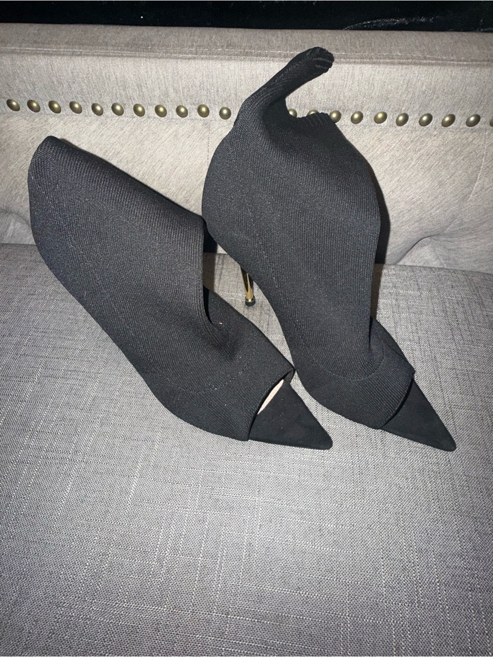 Black Pointed Knit Stiletto Sock Heels with Gold Accent